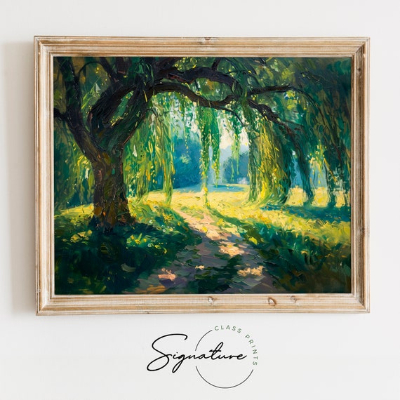 Willow Tree Painting Breezy French Meadow Scene Tranquil Landscape Art Nature Inspired Decor Serene Wall Art 1027
