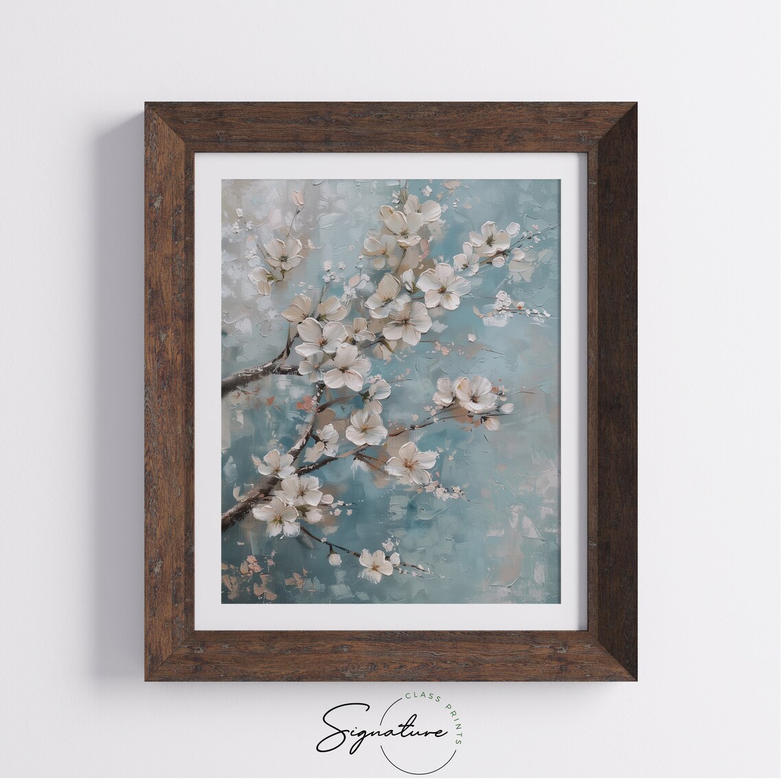 White Cherry Blossom Branch Teal Background Floral Art Poster - Image 4