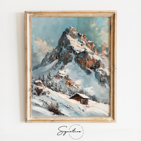Snowy Alpine Mountain Peak Log Cabin Winter Landscape Poster