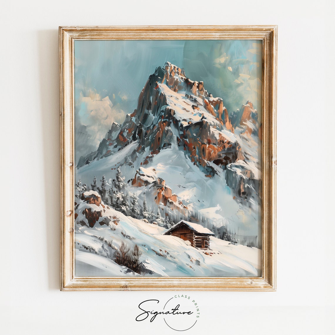 Snowy Alpine Mountain Peak Log Cabin Winter Landscape Poster