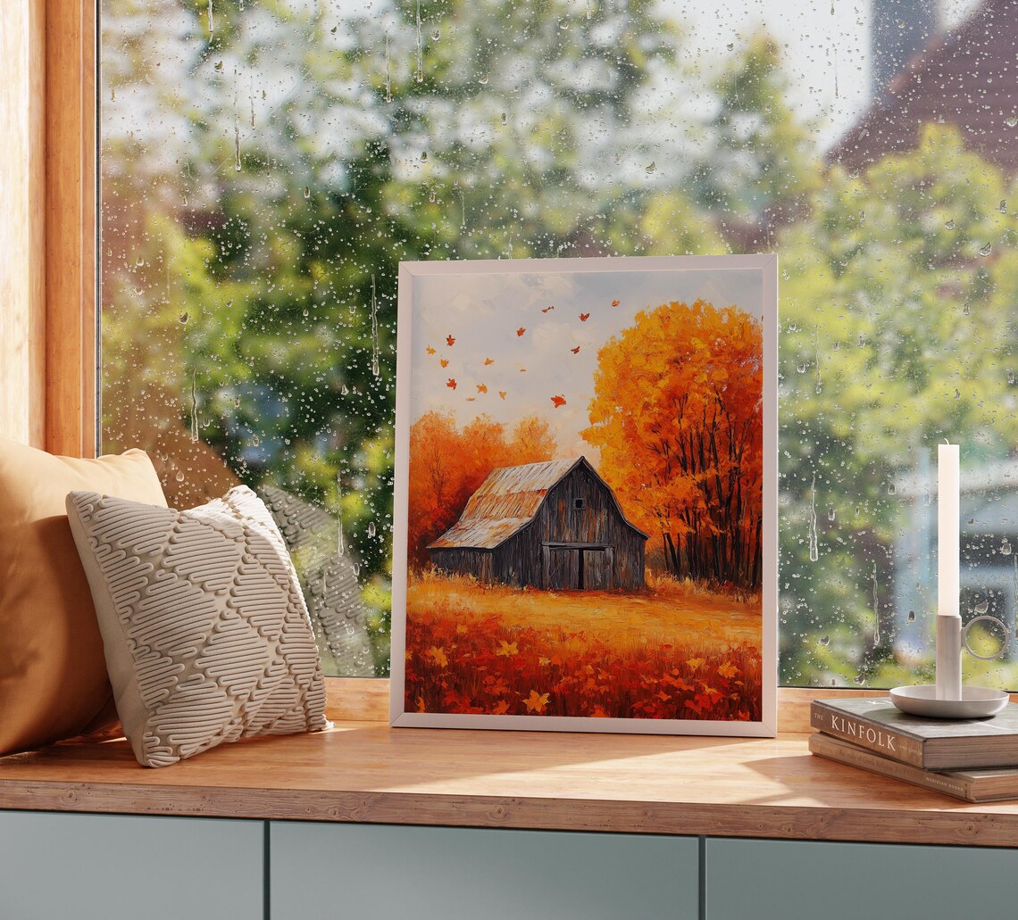 Weathered Wooden Barn Amid Falling Leaves And Blazing Autumn Trees Poster - Image 2