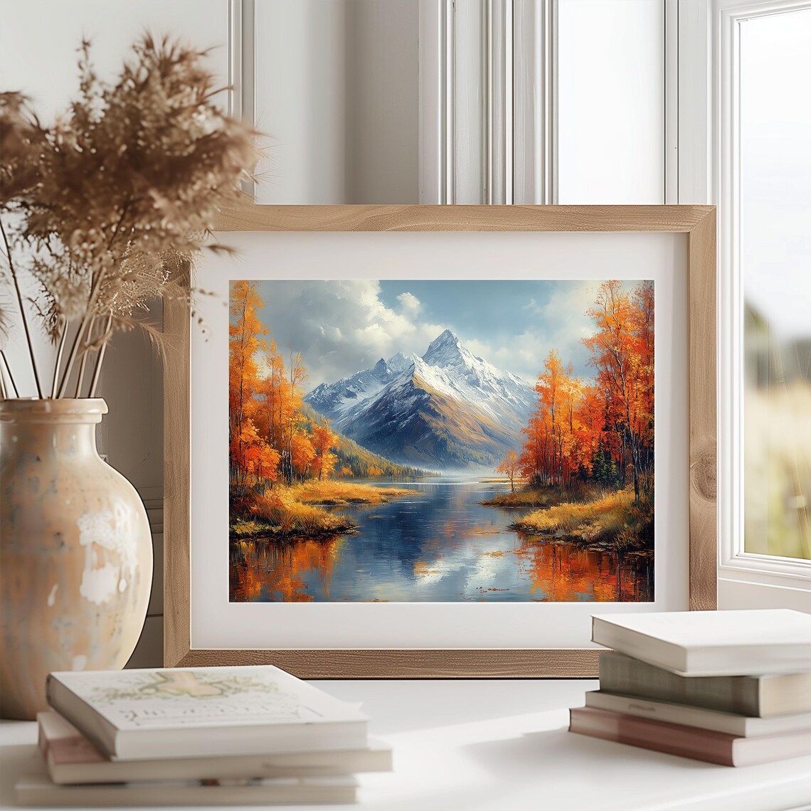Snow Capped Mountain Reflected in Still Lake Framed by Autumn Birches Wall Art - Image 2