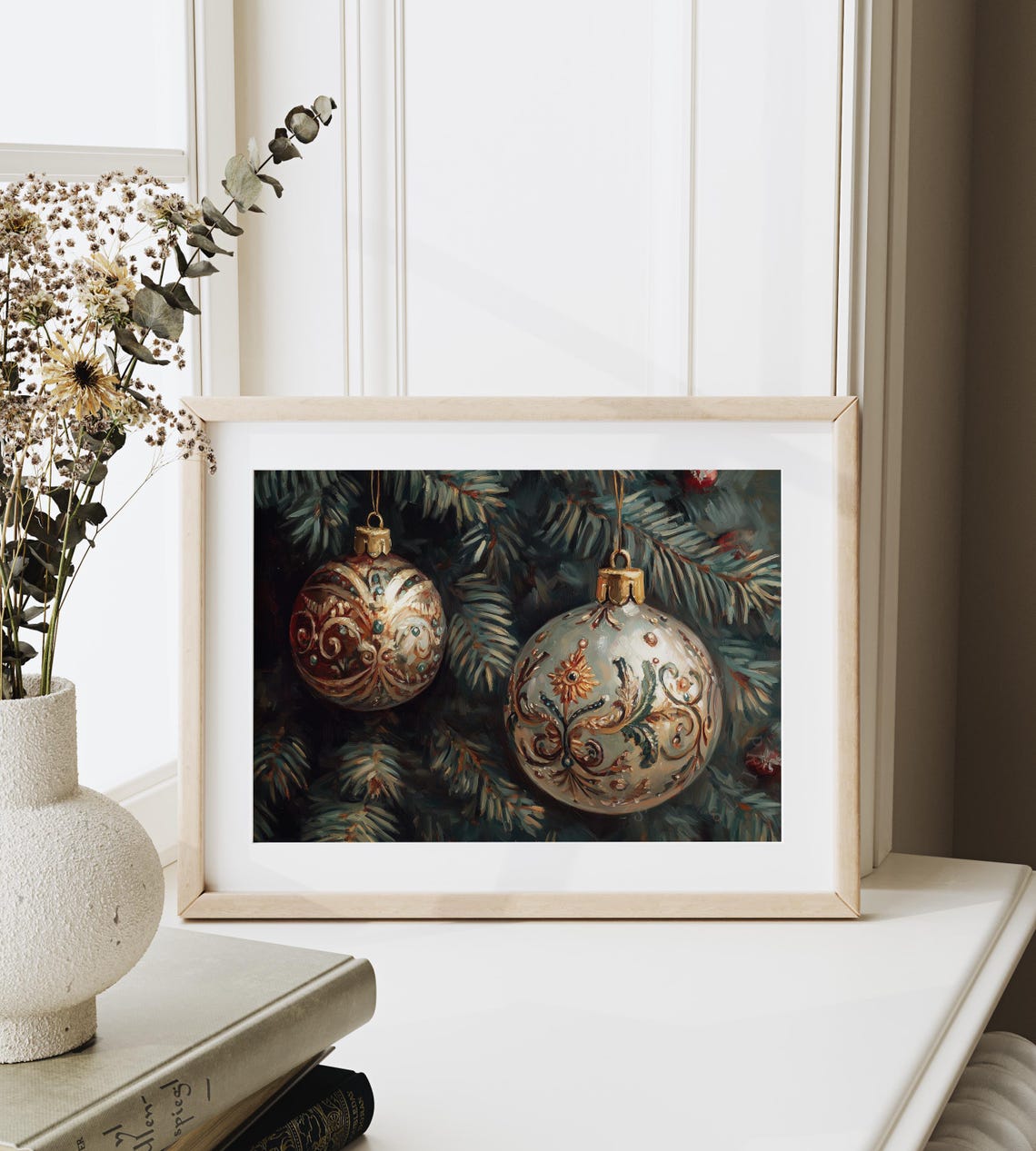 Copper And Sage Ornate Christmas Ornaments On Pine Branch Poster - Image 6