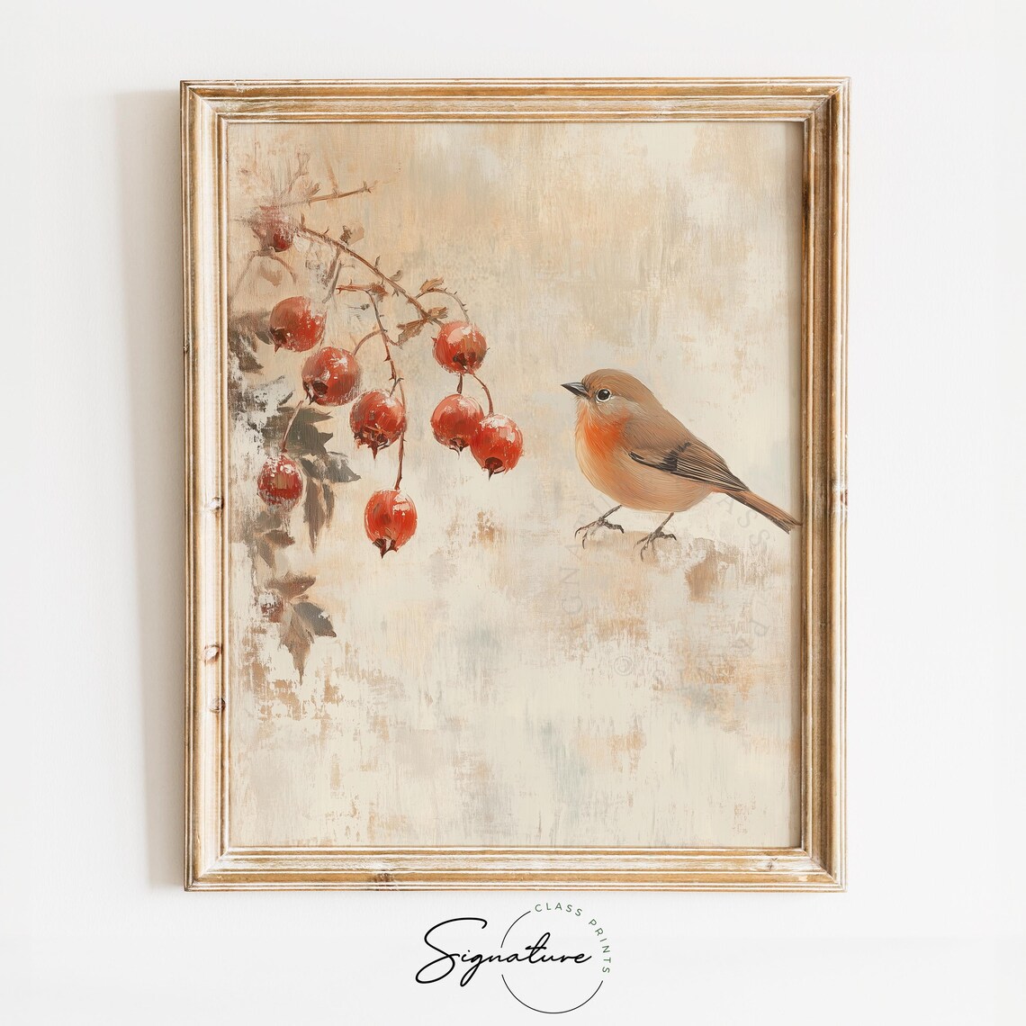 Robin with Red Rose Hip Berries Vintage Winter Bird Scene Poster