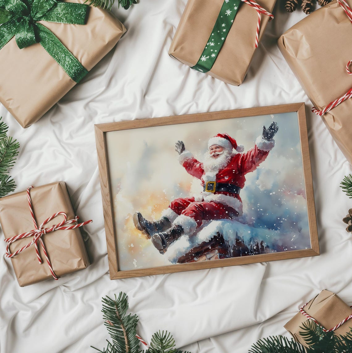 Santa Claus Sitting On A Snowy Chimney With Arms Raised Art Poster - Image 2