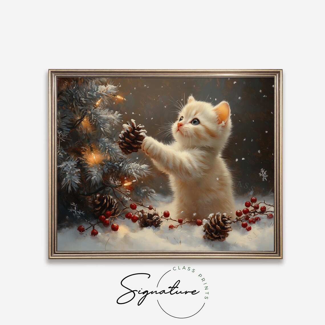 Cream Kitten Playing With A Pinecone Among Berries And Snow Poster - Image 4