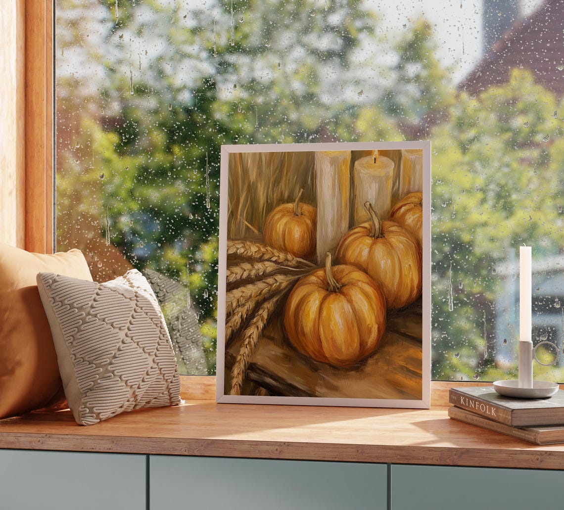 Pumpkins Wheat Candles Rustic Wood Cozy Fall Harvest Still Poster - Image 2