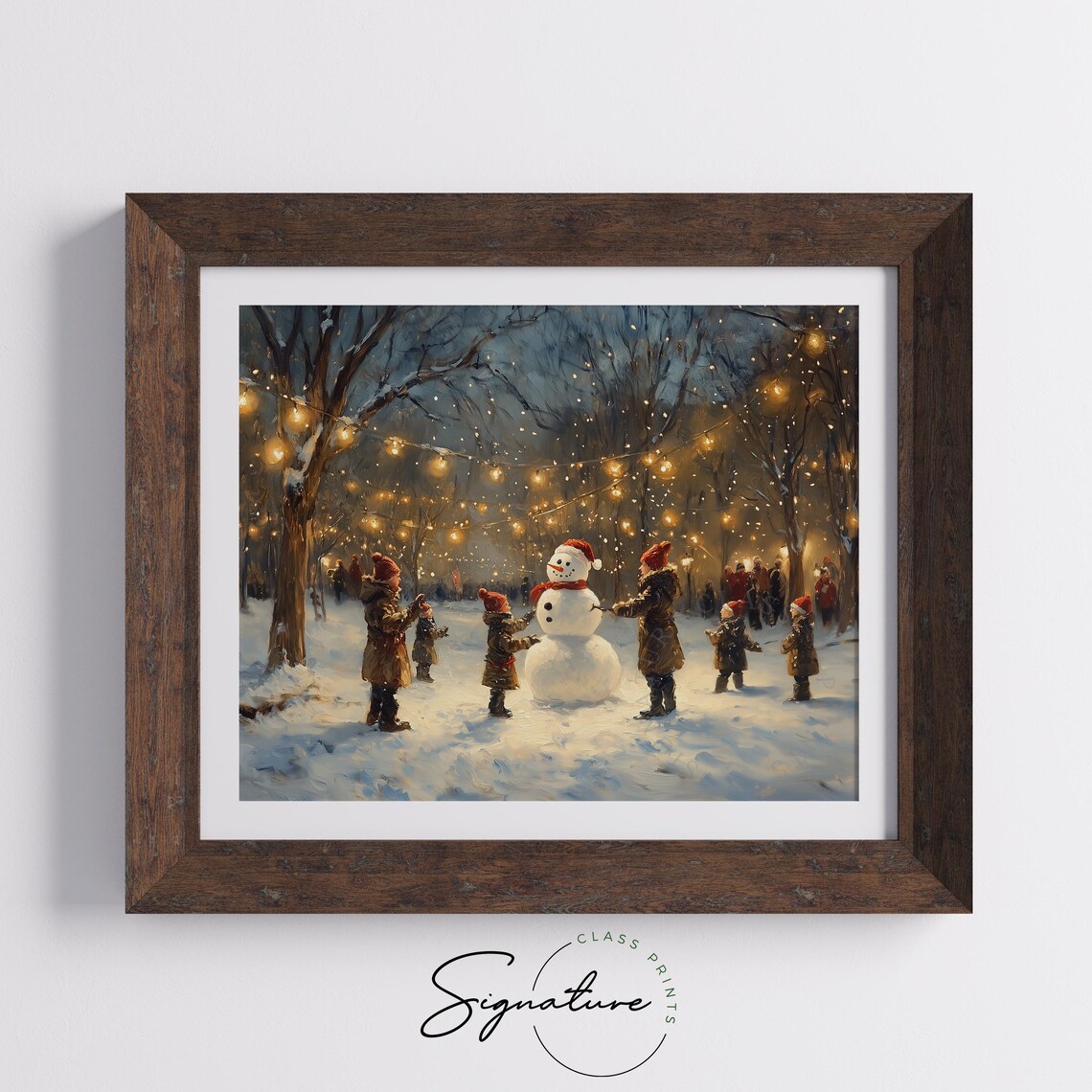 Kids Building a Snowman in Winter Woods, Holiday Art Print - Image 5