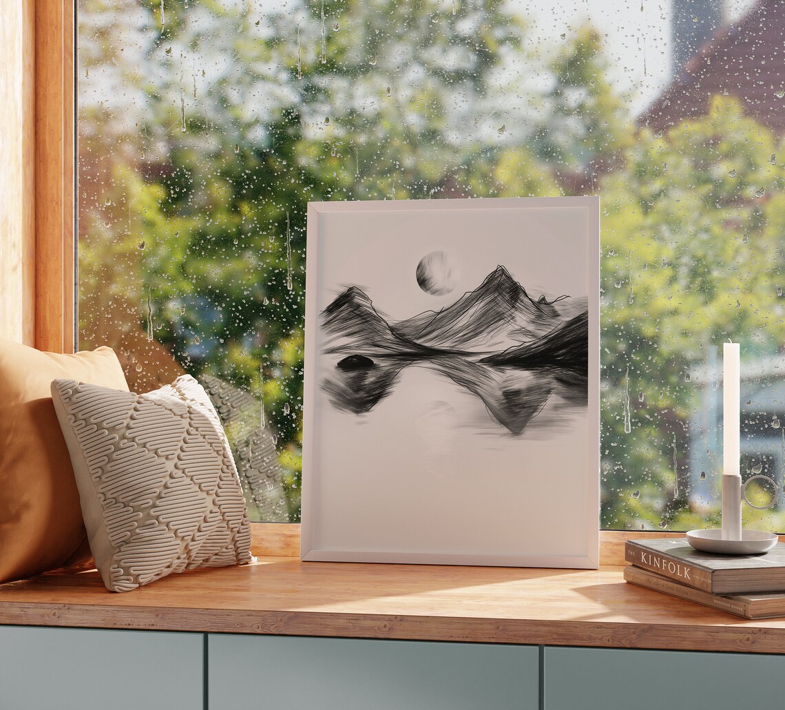 Moonlight Reflecting On A Mountain Lake Sketch Night Landscape Art Tranquil Nature Wall Decor Mountain View Illustration 756 - Image 2