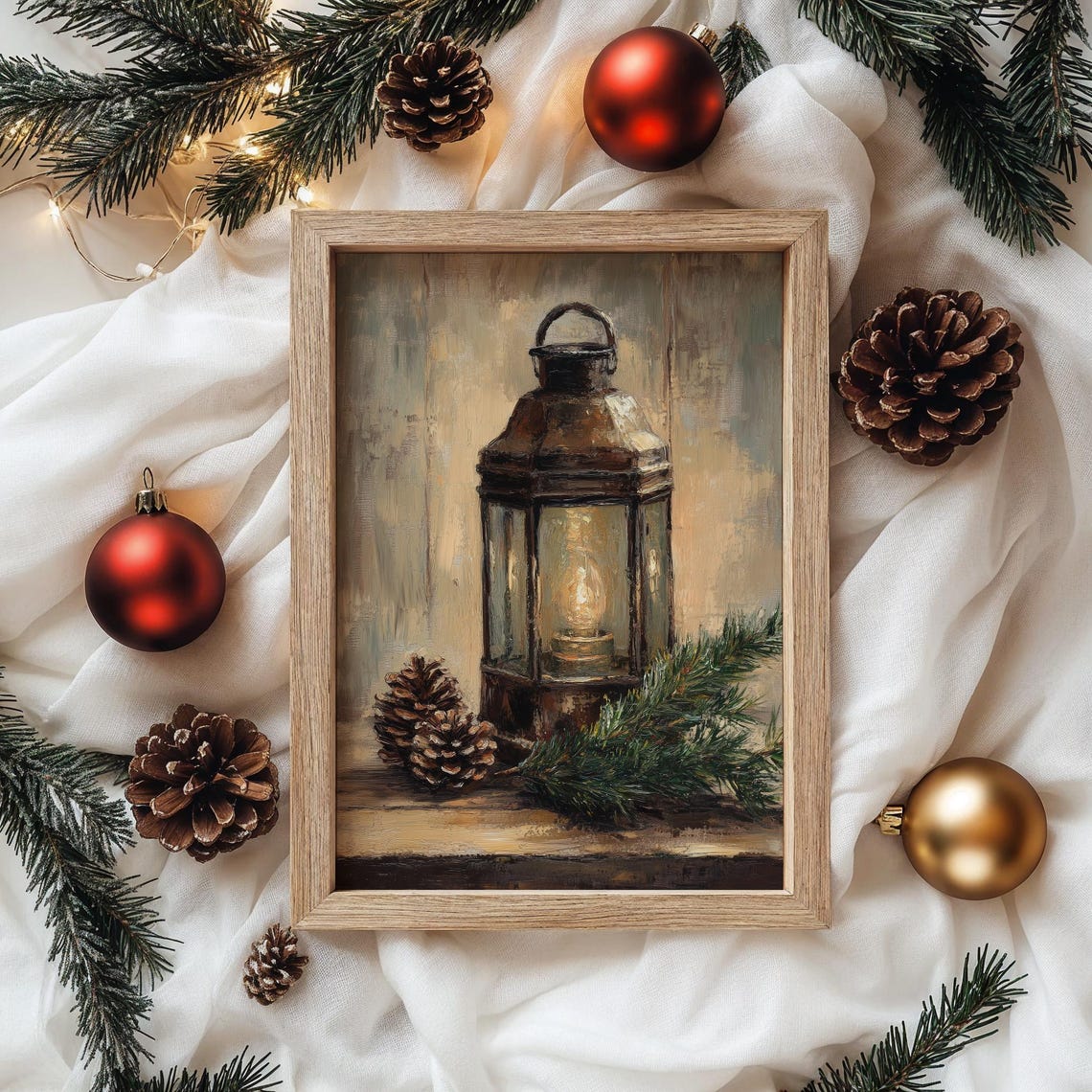 Glowing Rustic Lantern with Pinecones Winter Oil Painting Print - Image 4