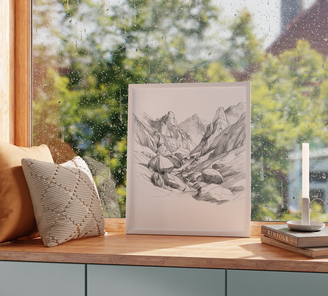 Rugged Mountain Pass With Boulders Alpine Pencil Sketch Poster - Image 2