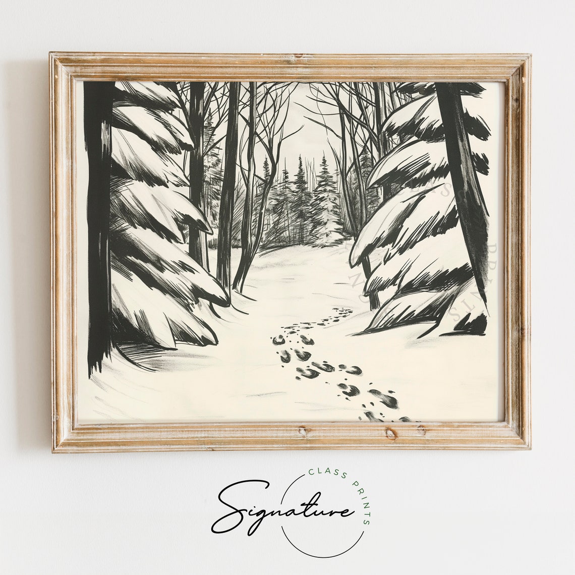 Snowy Path Through Winter Wood With Footprints Sketch Poster