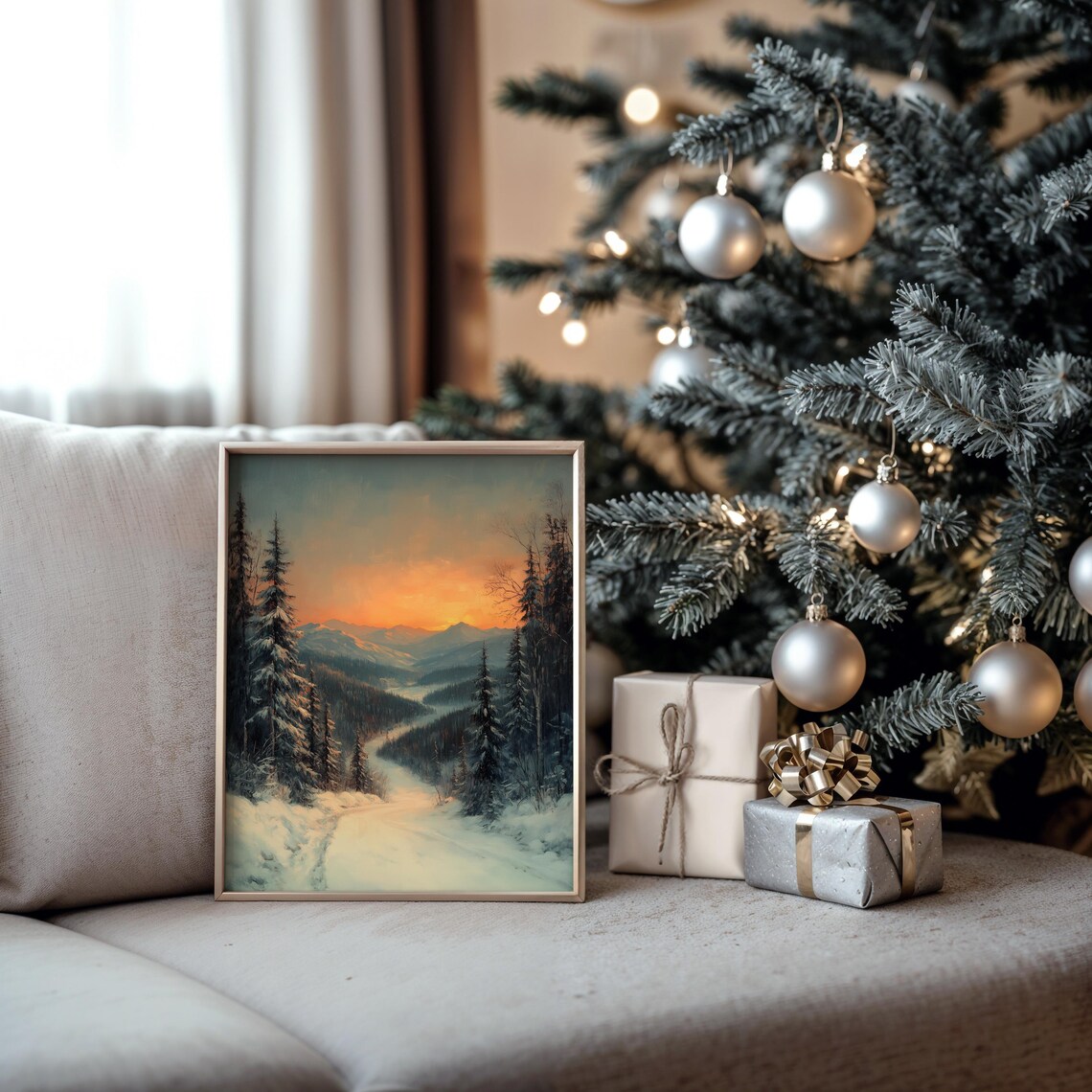 Snowy Mountain Forest Sunset Winter Landscape Oil Painting Print - Image 5