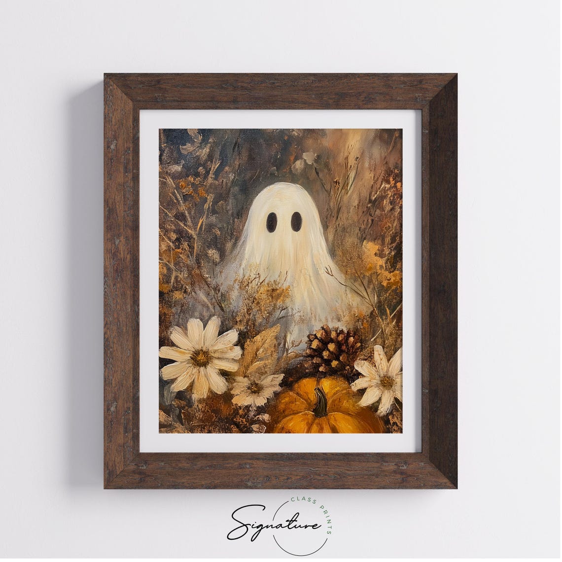 Ghost in a Rustic Pumpkin Patch with White Daisies at Night Poster - Image 4