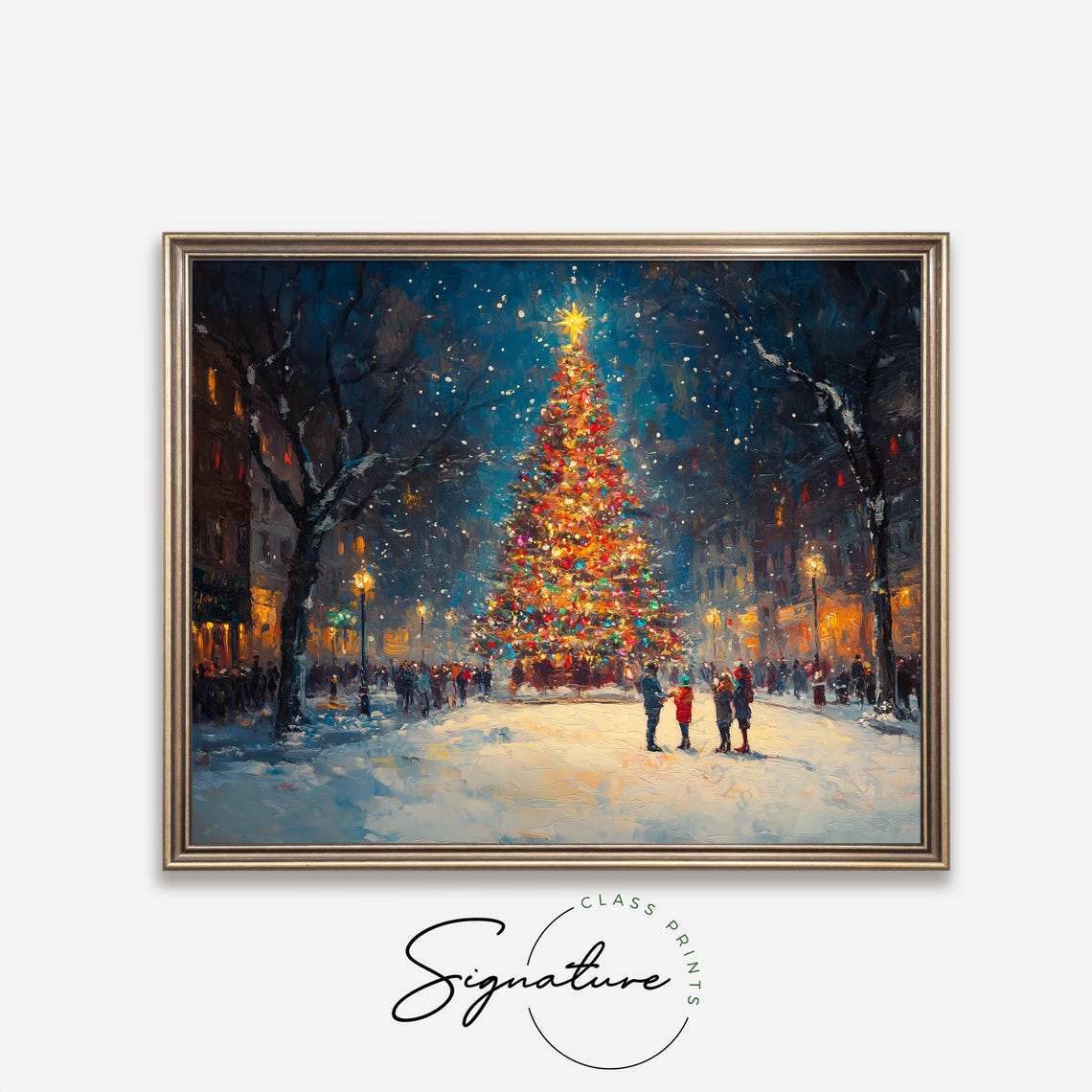 Town Square Christmas Tree Glowing At Night In Falling Snow Poster - Image 4