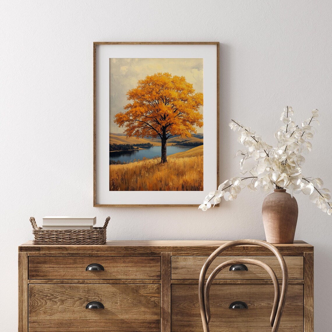 Lone Golden Tree Lakeside Meadow Sunset Landscape Painting Print - Image 5