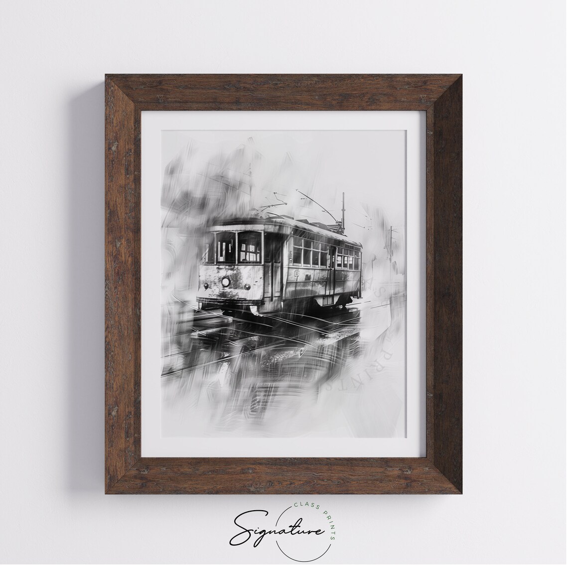 Vintage Streetcar on Rainy Street Black and White City Poster - Image 4
