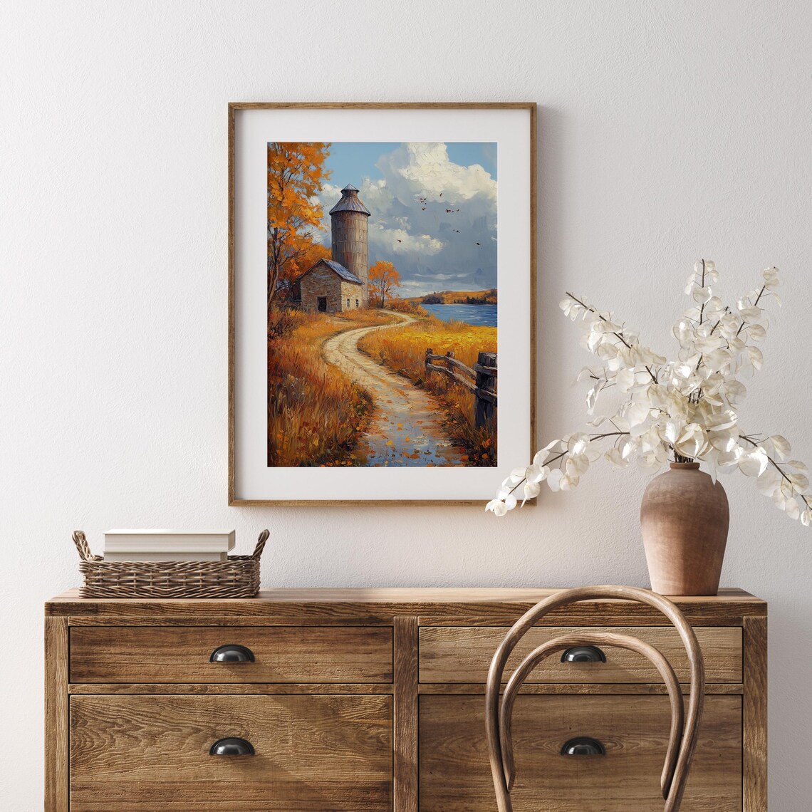 Stone Barn and Silo by the Lake With Winding Path and Rustic Fence Wall Art - Image 5