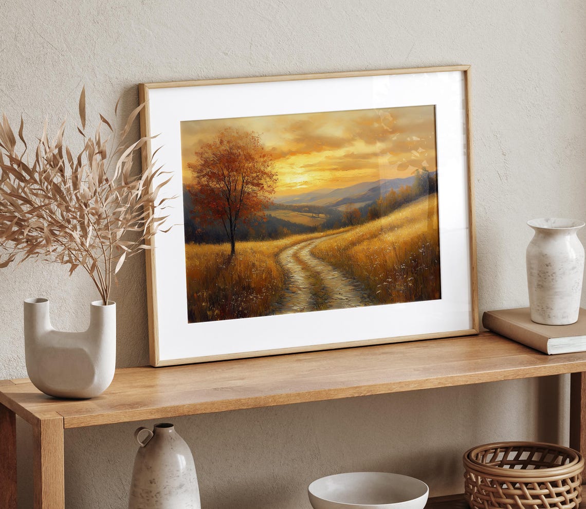 Sunset Path Golden Wheat Fields Autumn Horizon Painting Print - Image 4