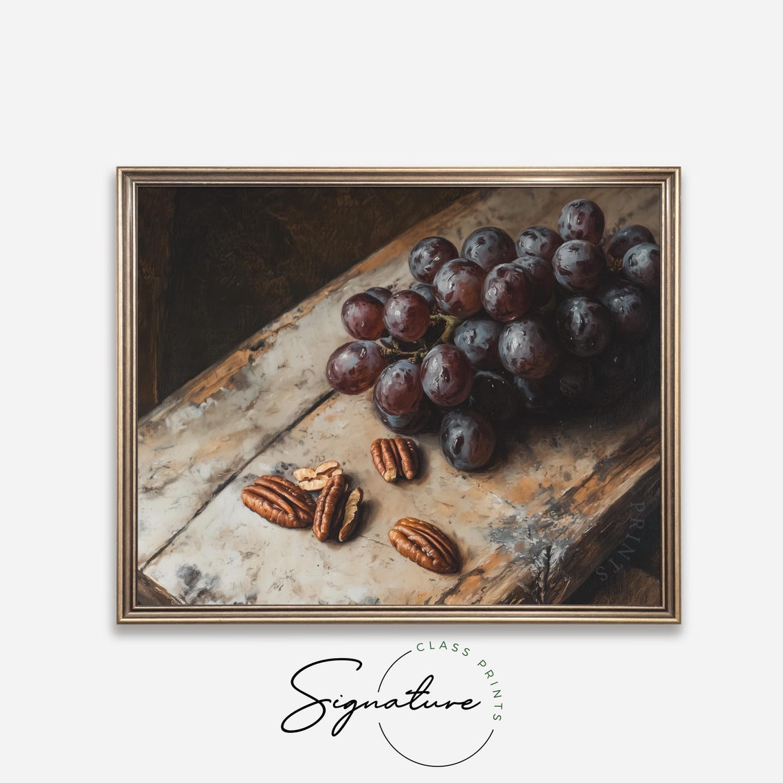 Still Life of Dark Grapes and Pecans Rustic Oil Painting Print - Image 4