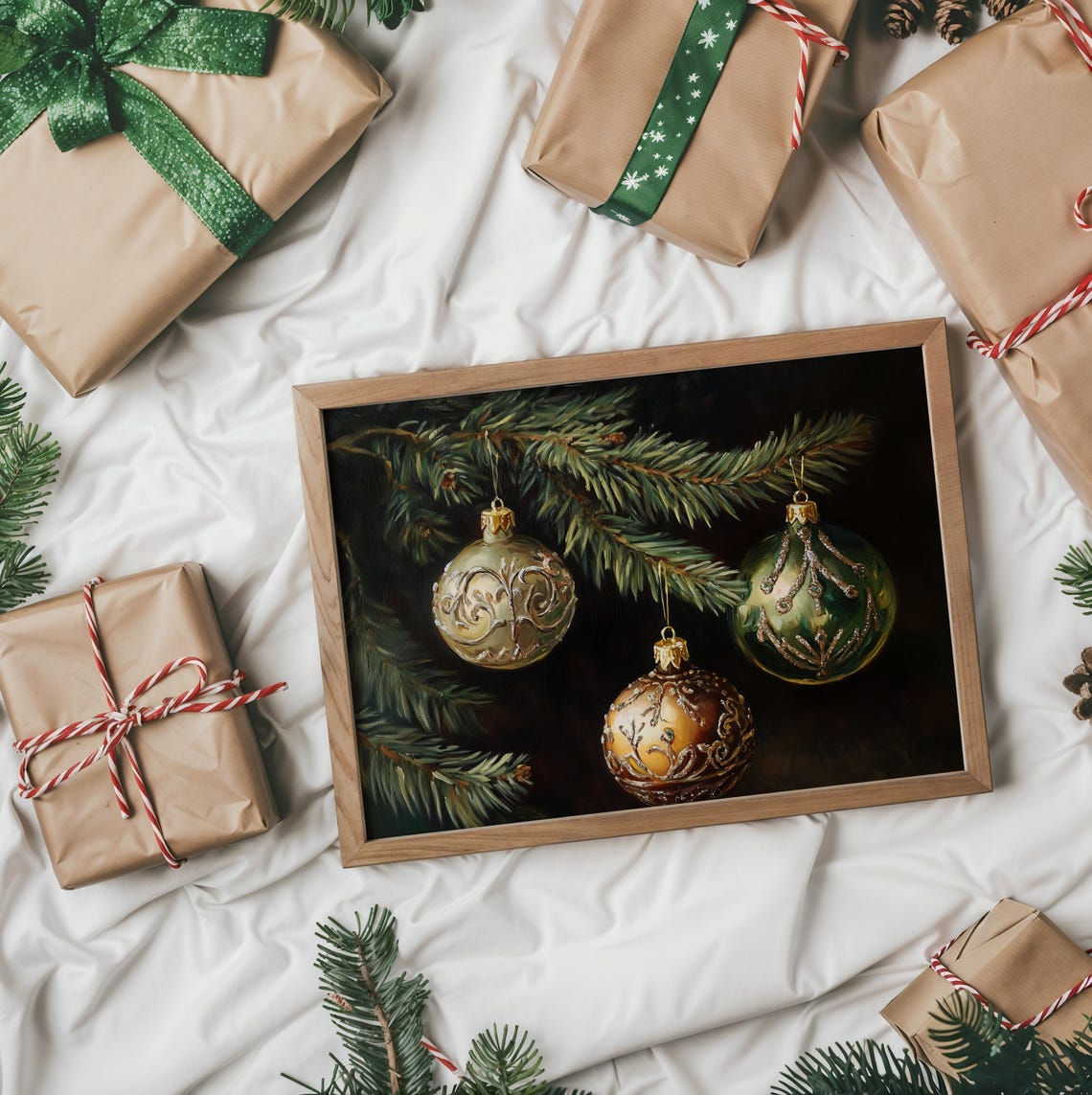 Three Gilded Vintage Ornaments Hanging On An Evergreen Branch Poster - Image 2