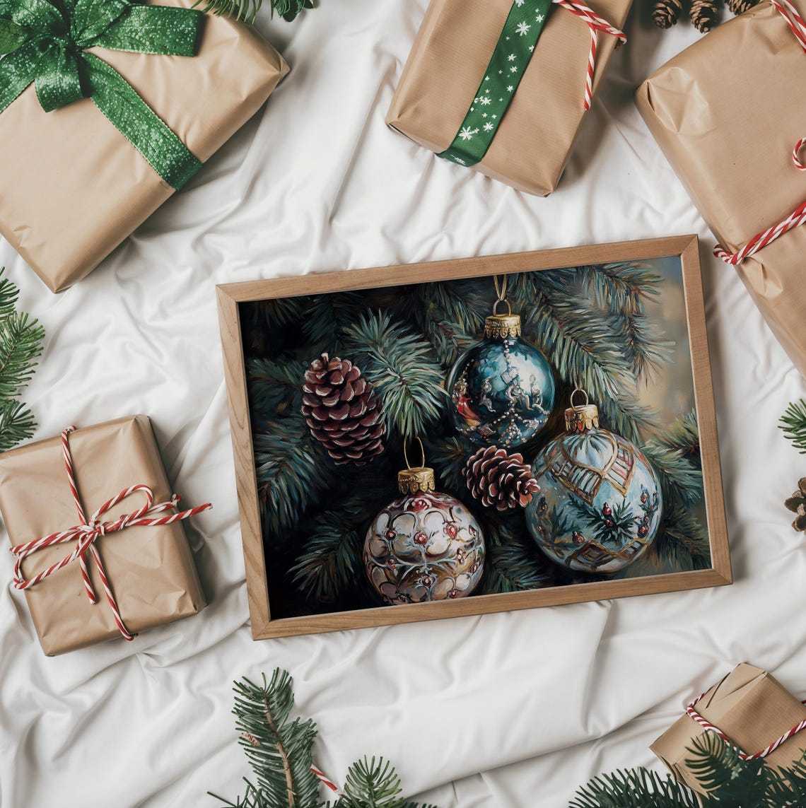 Ornate Teal Christmas Ornaments On Pine Branches Winter Art Poster - Image 2