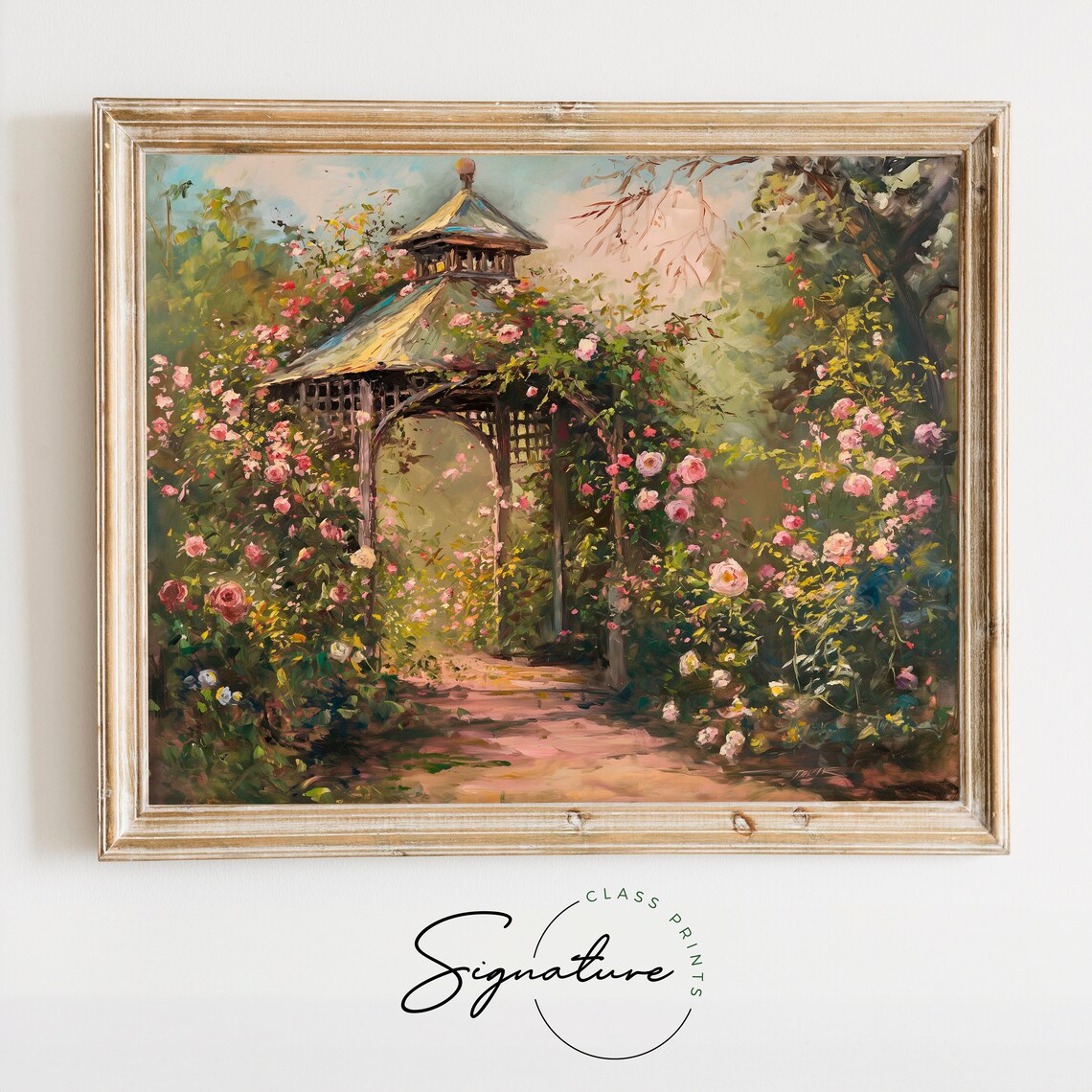 Summer Garden Gazebo Painting, Vintage Rose Decor