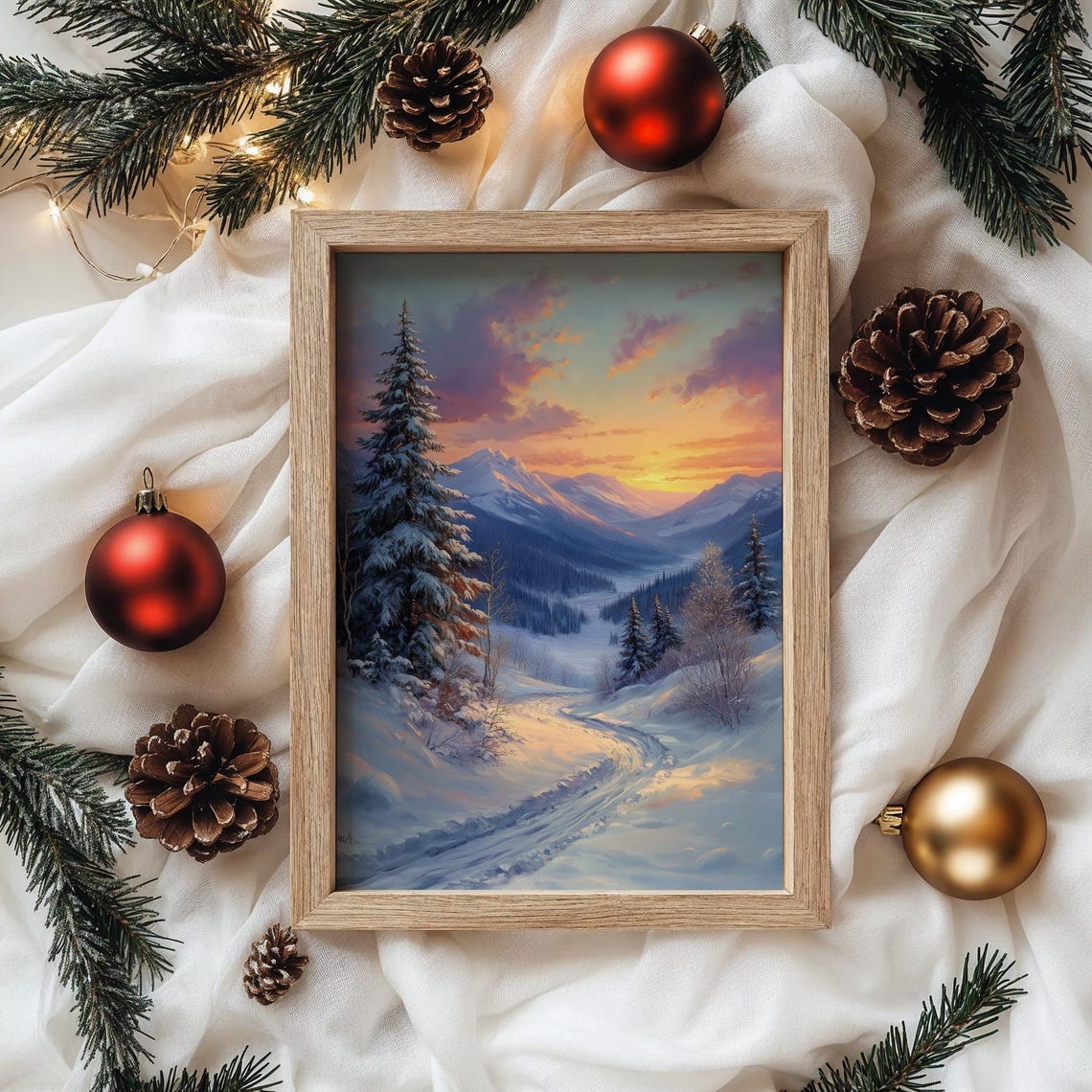 Snowy Mountain Trail At Sunset Through Pine Forest Oil Painting Poster - Image 4