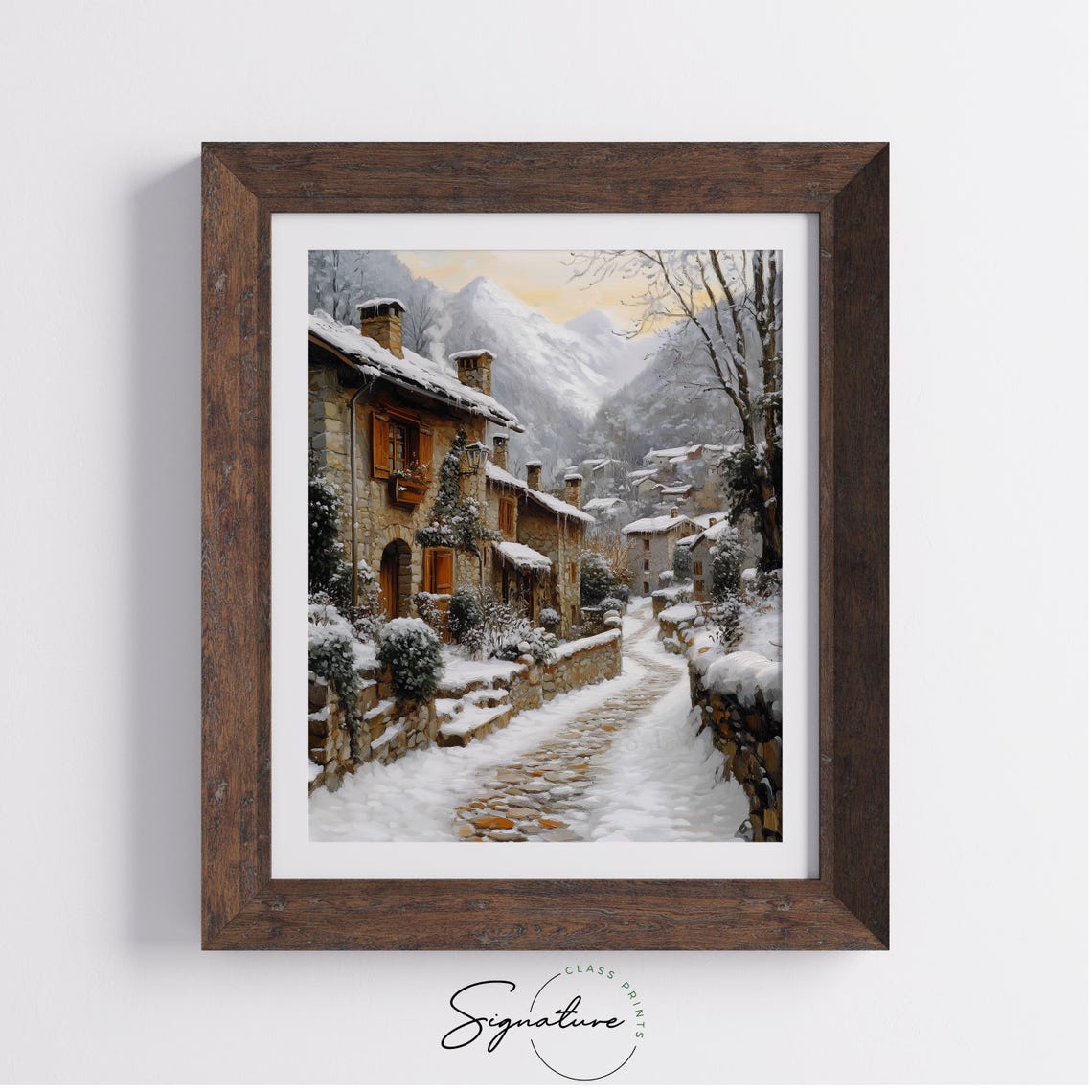 Old Stone Village Street in Snow with Mountain Backdrop Poster - Image 3
