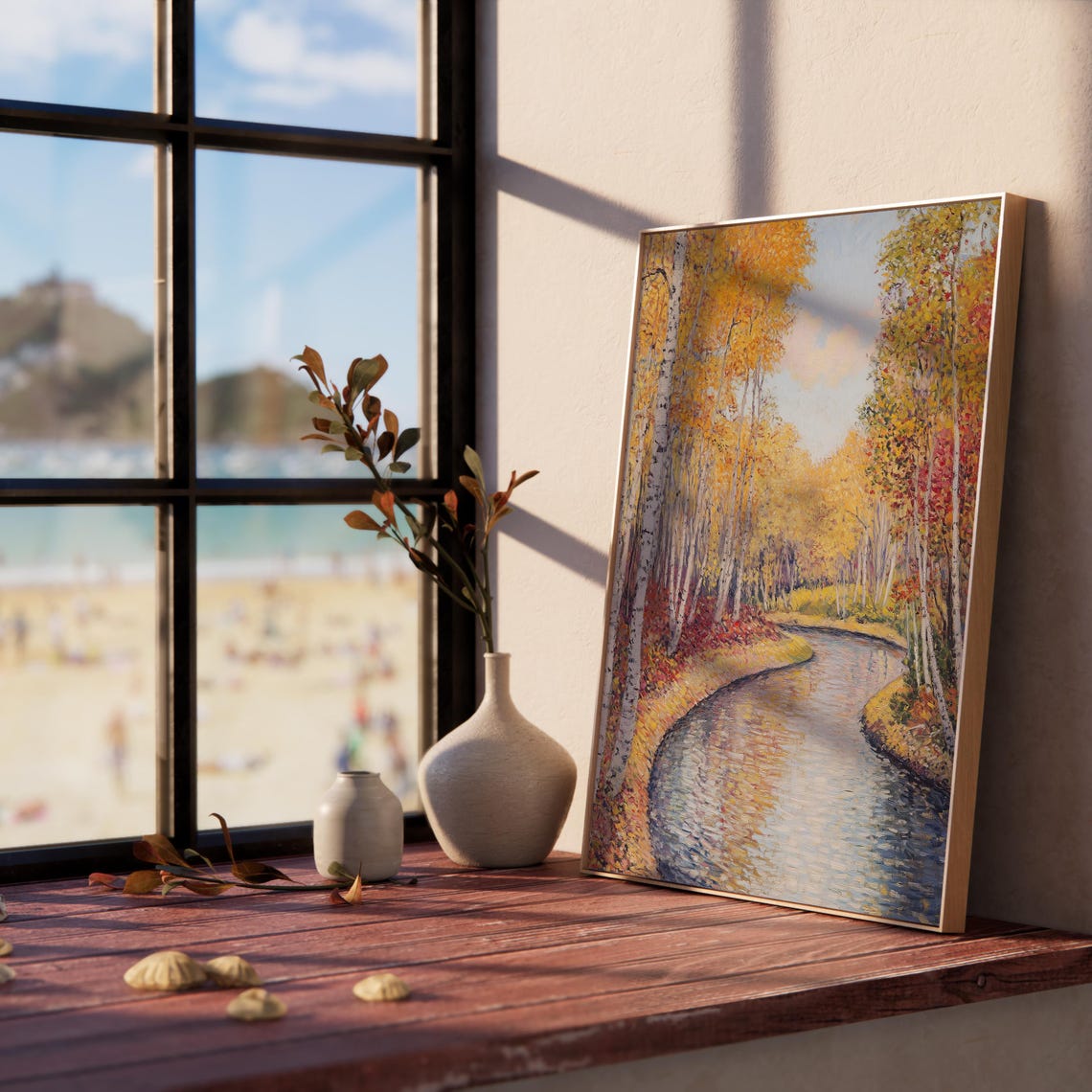 Serene Birch Forest Bowing Over a Sparkling Autumn River Poster - Image 5