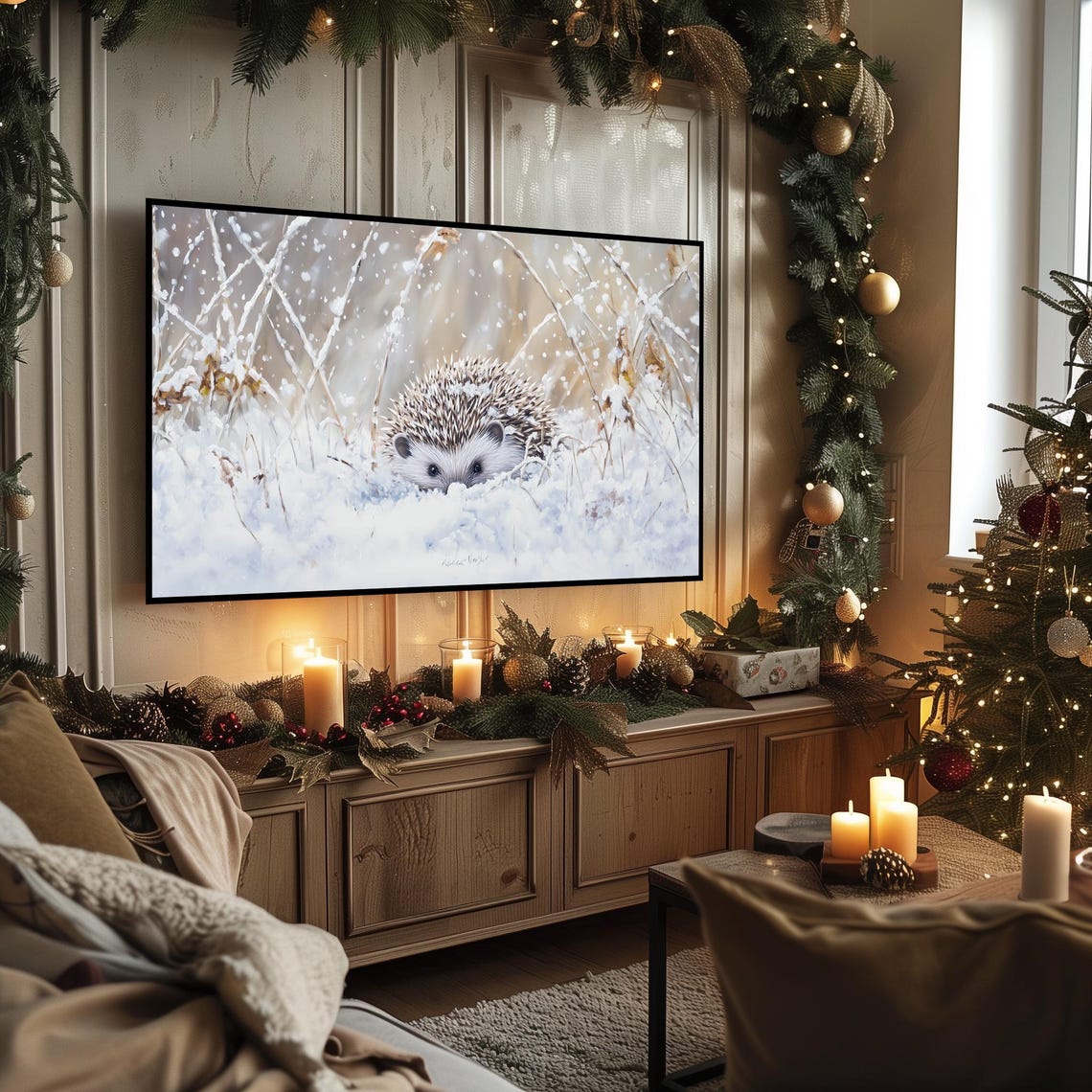 Cozy Cute Hedgehog In Falling Snow Winter Wildlife TV Art Poster - Image 3