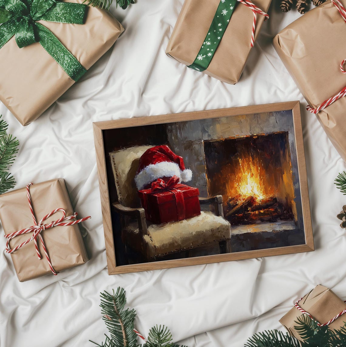 Santa Hat And Red Gift Box On Chair By A Glowing Fireplace Poster - Image 2