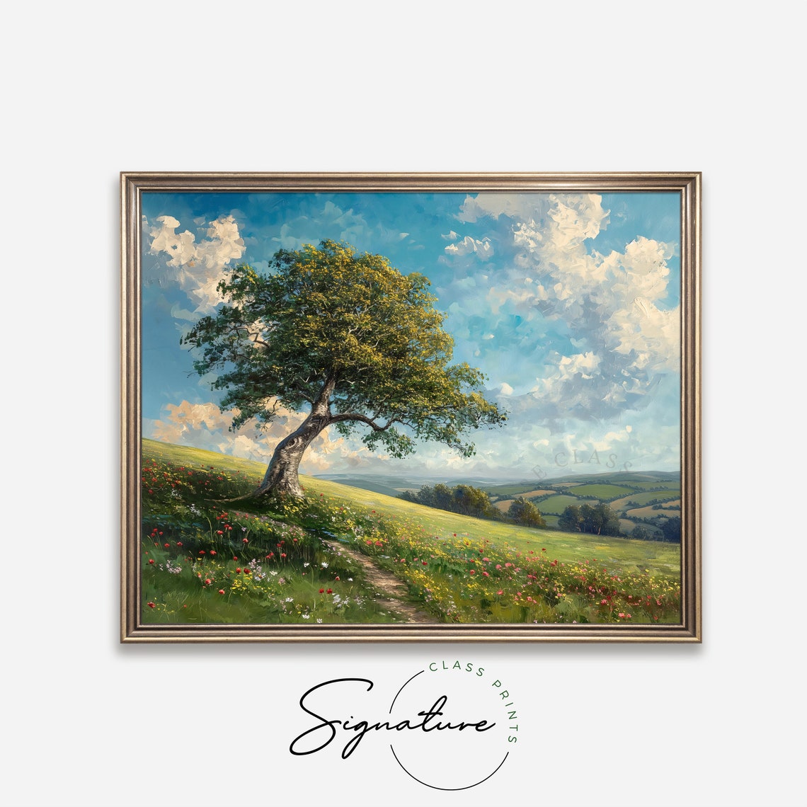 Windswept Beech Tree On Rolling Flower Meadow Hillside Poster - Image 4