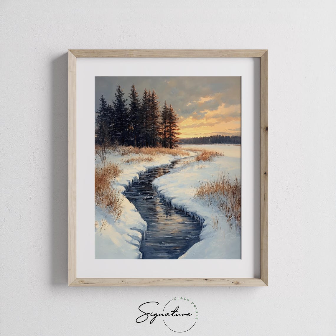 Frozen Stream Through a Snowy Meadow at Golden Sunset Poster - Image 2