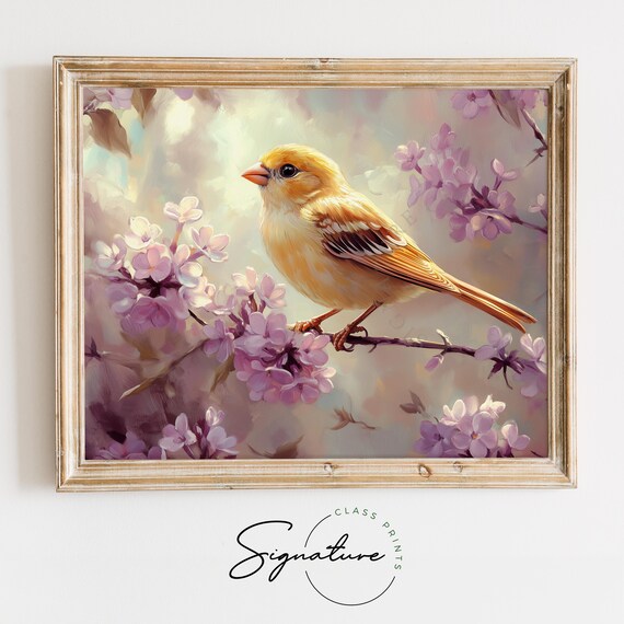 Yellow Canary Among Purple Lilac Blossoms Pastel Spring Poster