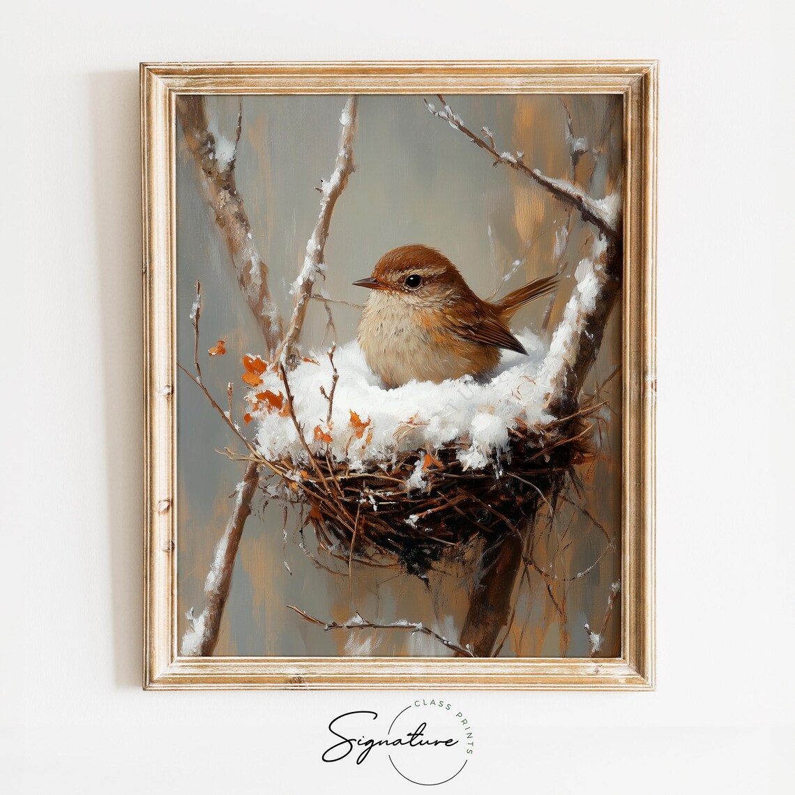 Winter Wren in Snow-Filled Nest Rustic Wildlife Art Print