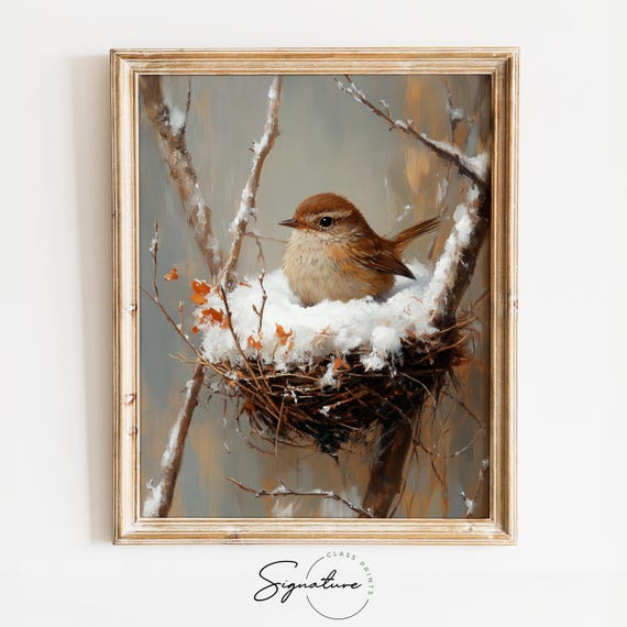Winter Wren in Snow-Filled Nest Rustic Wildlife Art Print