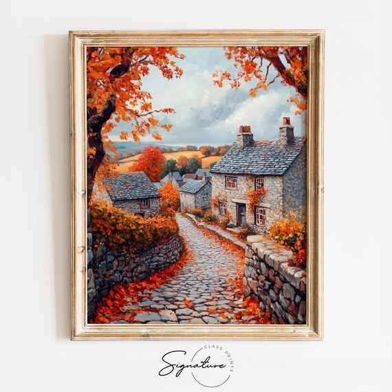 Autumn Village Cobblestone Street Stone Houses Orange Trees Poster