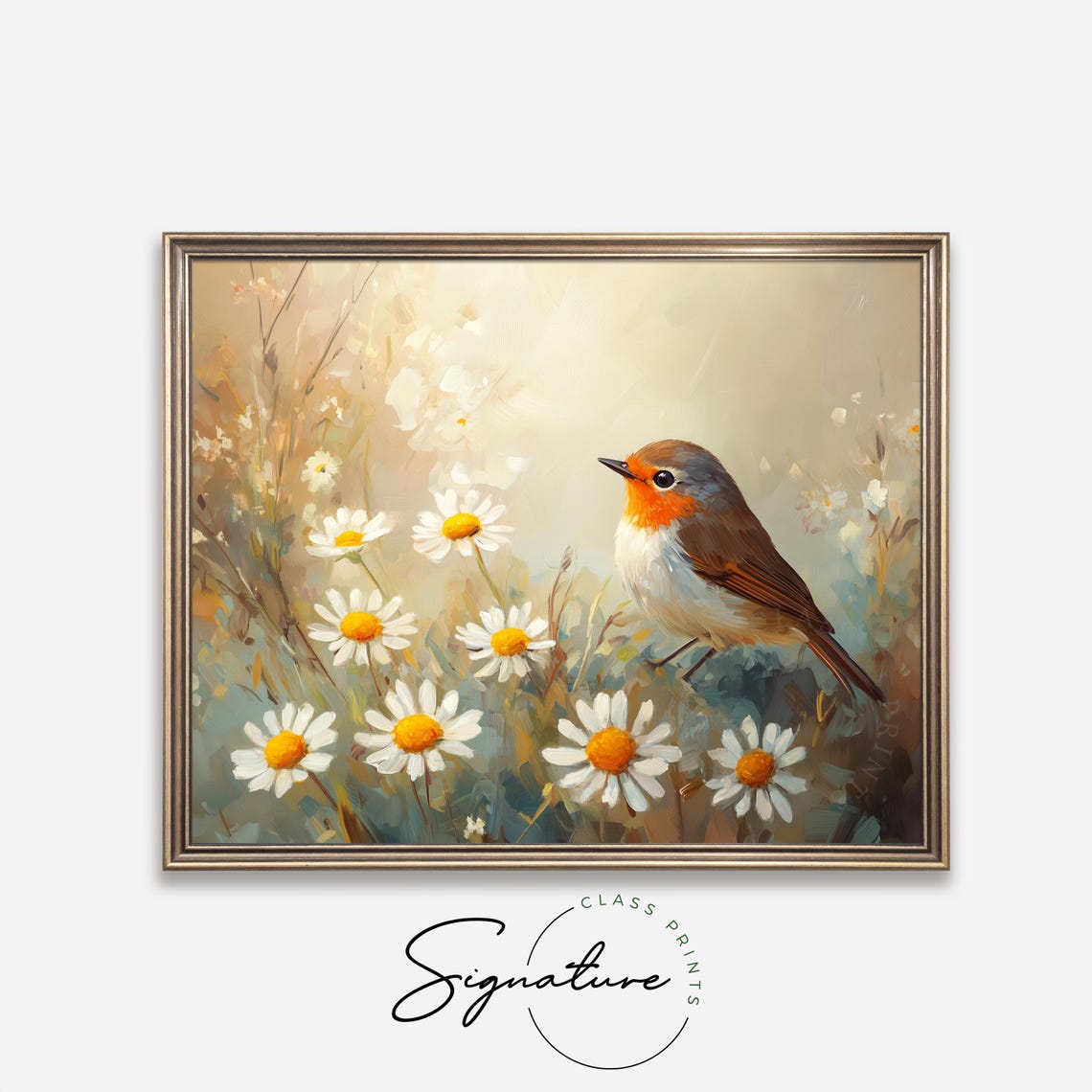 Sunlit Robin Among White Daisies Warm Golden Spring Bird Wall Art - Image 4
