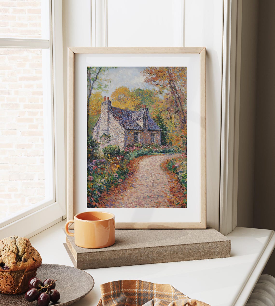 Cozy Stone Cottage Autumn Garden Impressionist Landscape Poster - Image 6