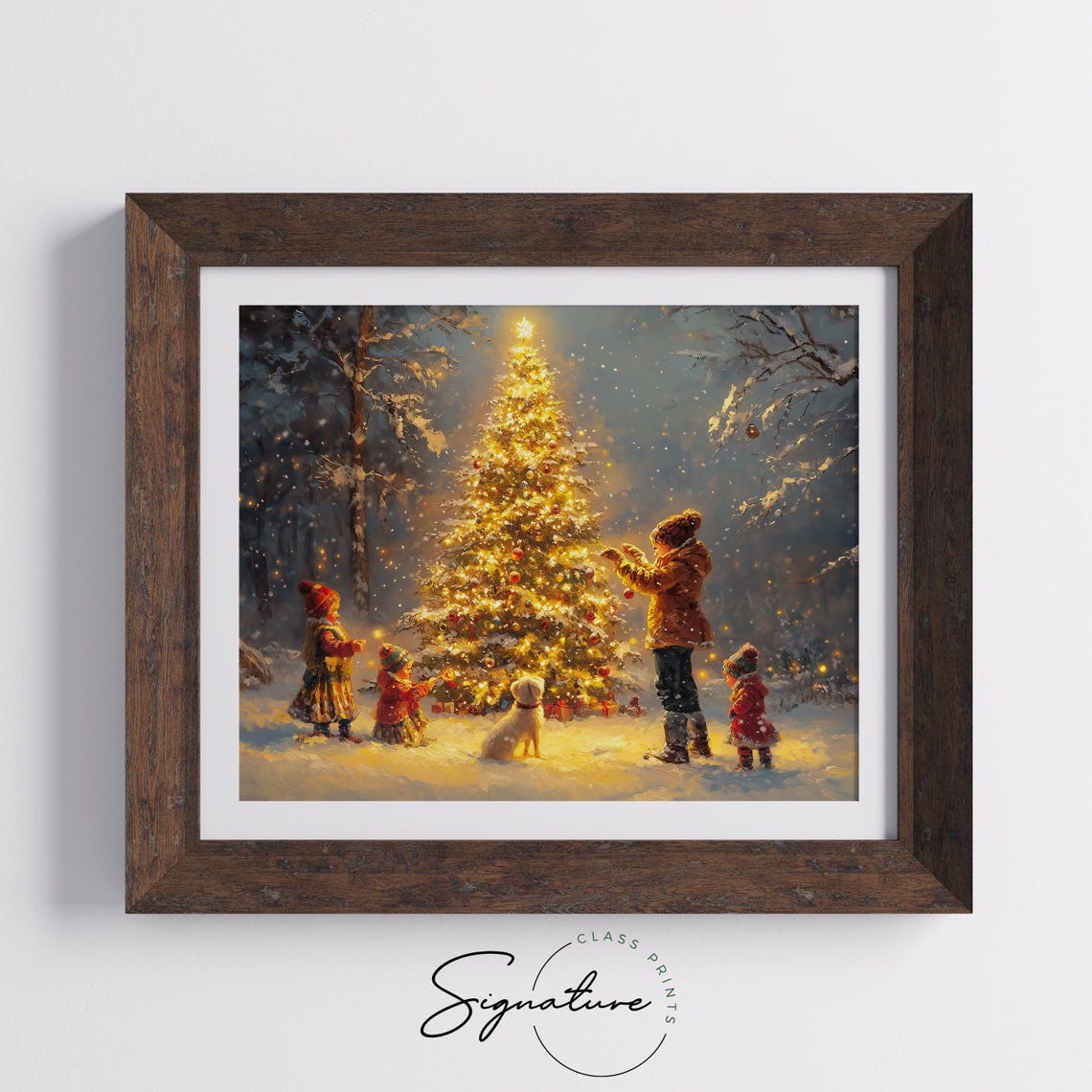 Children and Dog Decorating a Tall Christmas Tree in Snow Poster - Image 5