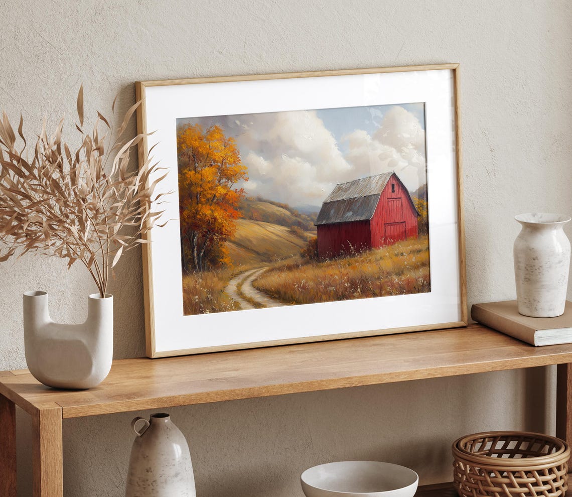 Red Barn Autumn Road Rolling Hills Fall Farmhouse Landscape Wall Art - Image 4