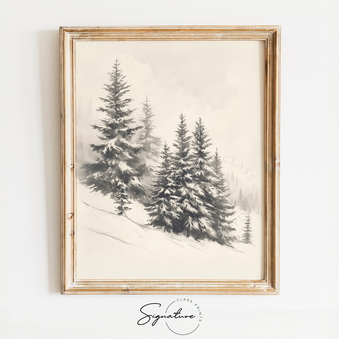 Calm Snowy Pines In Winter Forest Ink Wash Mountain Scene Poster