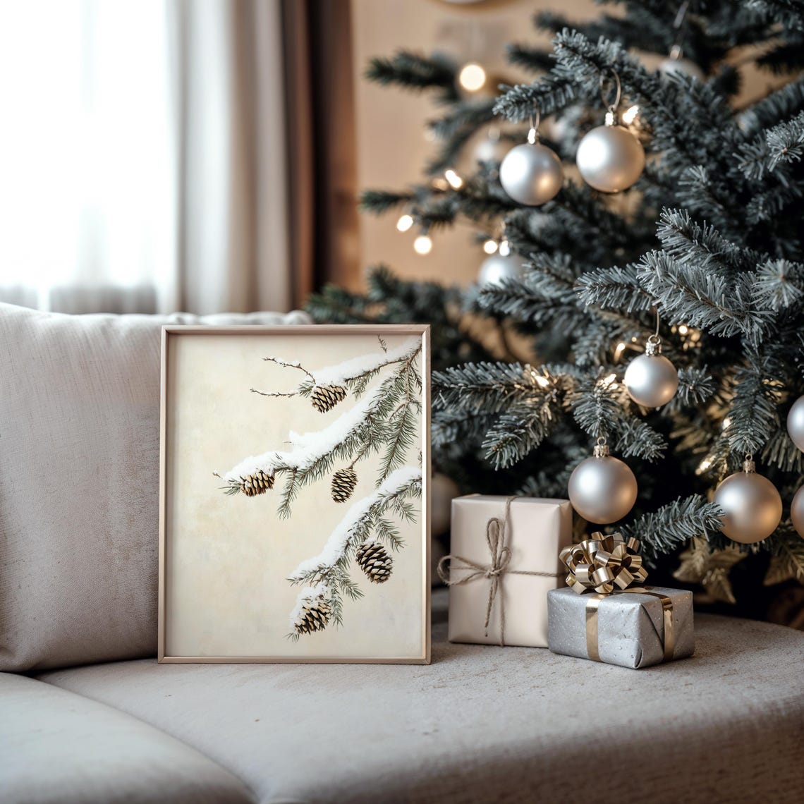 Snowy Pine Branch With Pinecones On Cream Minimalist Winter Wall Art - Image 5