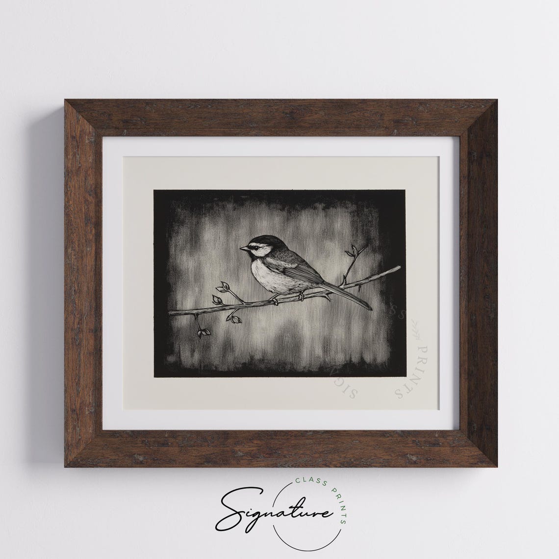 Chickadee On Winter Branch Black And White Sketch Art Poster - Image 5