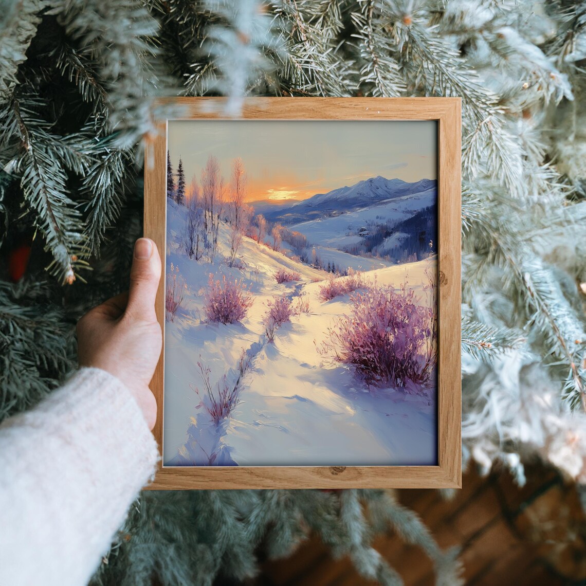 Pastel Sunrise Over Snowy Hills with Pink Bushes Winter Poster - Image 6