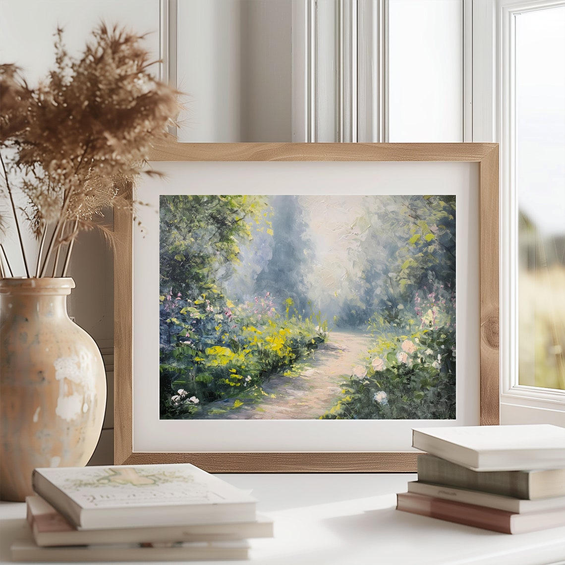 Sunlit Garden Path Lined with Colorful Flowers Impressionist Poster - Image 2