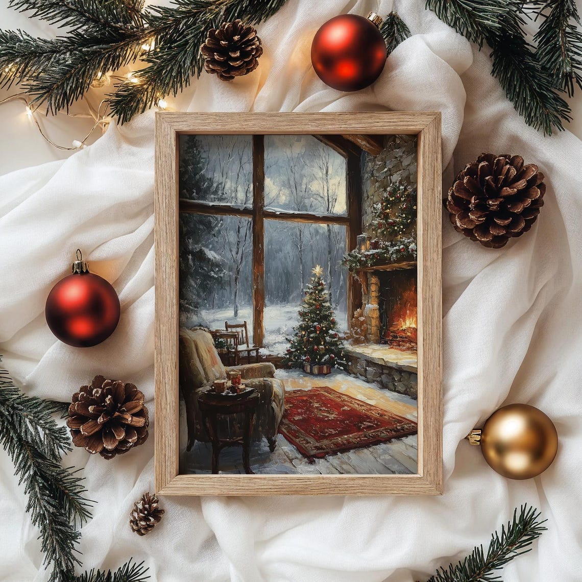 Cozy Christmas Living Room With Fireplace and Decorated Tree Poster - Image 4