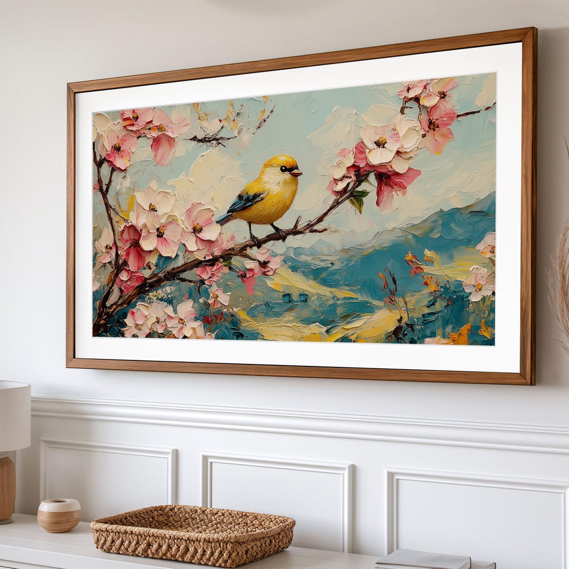 Yellow Finch On Cherry Blossom Branch Above Turquoise Hills Poster - Image 2