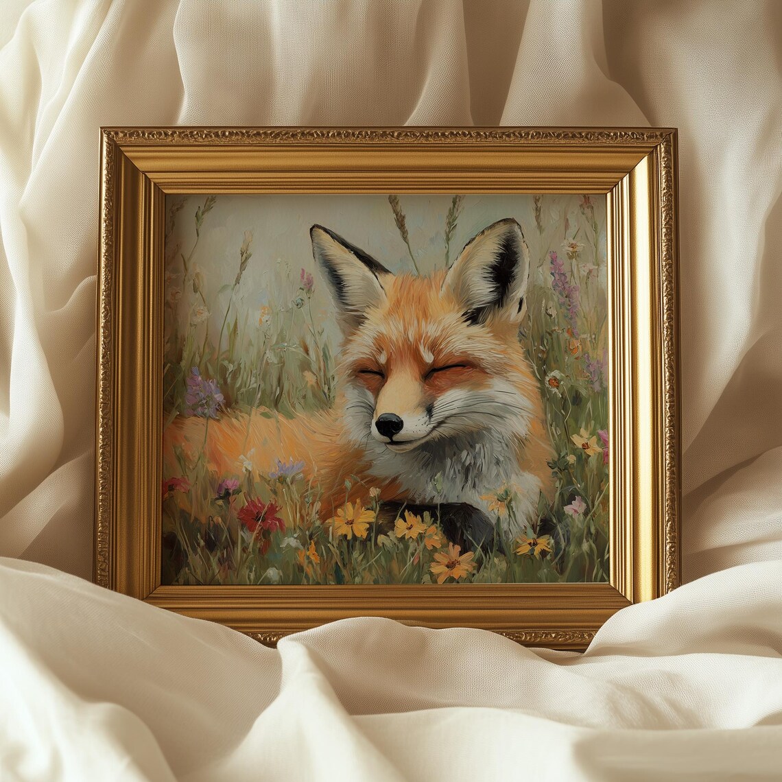 Red Fox Resting in Blooming Field Wildflower Wildlife Painting Poster - Image 5